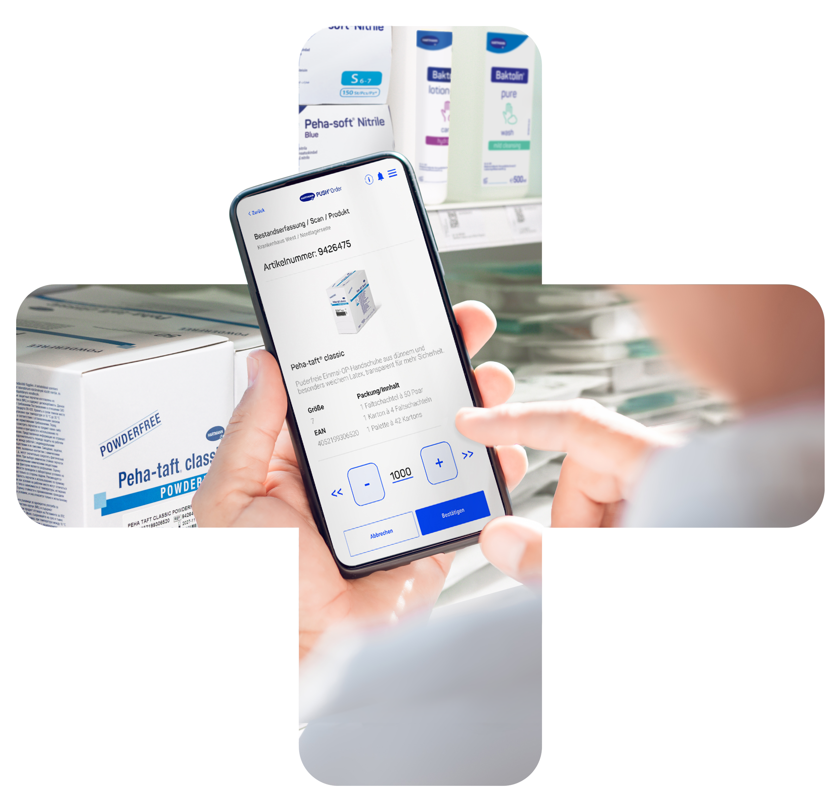 Ein Smartphone scannt mit Hilfe der PUSH® Order App die Produkte aus dem Lager. 
