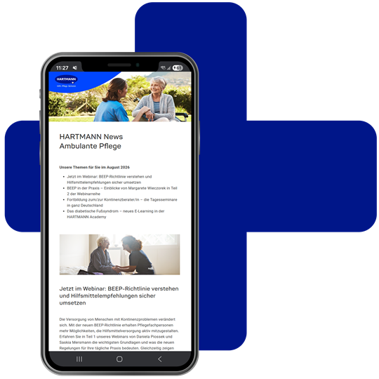blaues PLUS. Darin ein Smartphone mit der Abbildung eins Newsletters für die ambulante Pflege