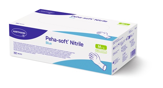 Peha-soft Nitrile Blue Untersuchungshandschuh Packung auf weißem Hintergrund.