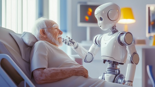 menschlicher Roboter füttert Senior