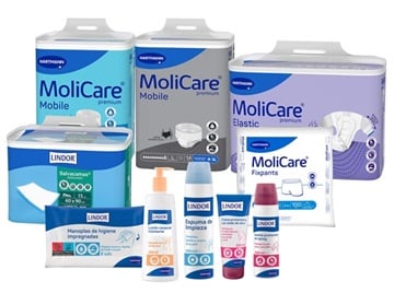 Vários produtos MoliCare®, incluindo pensos, loção, creme, num fundo branco.