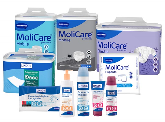 Vários produtos MoliCare®, incluindo pensos, loção, creme, num fundo branco.
