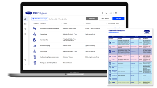 PUSH Hygiene Desinfektionsplan auf Laptopmonitor. Davor nochmals eine extra Abbildung des Desinfetkionsplans