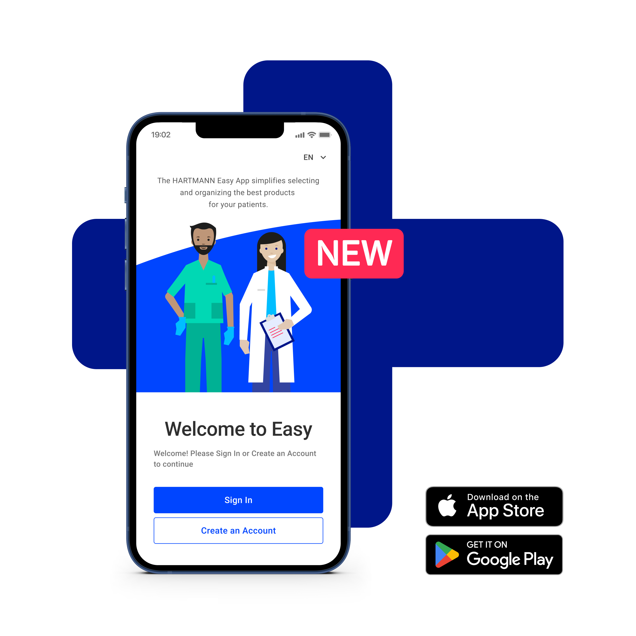 HARTMANN Easy App Ansicht vor maskiertem blauen Plus mit Download Icons