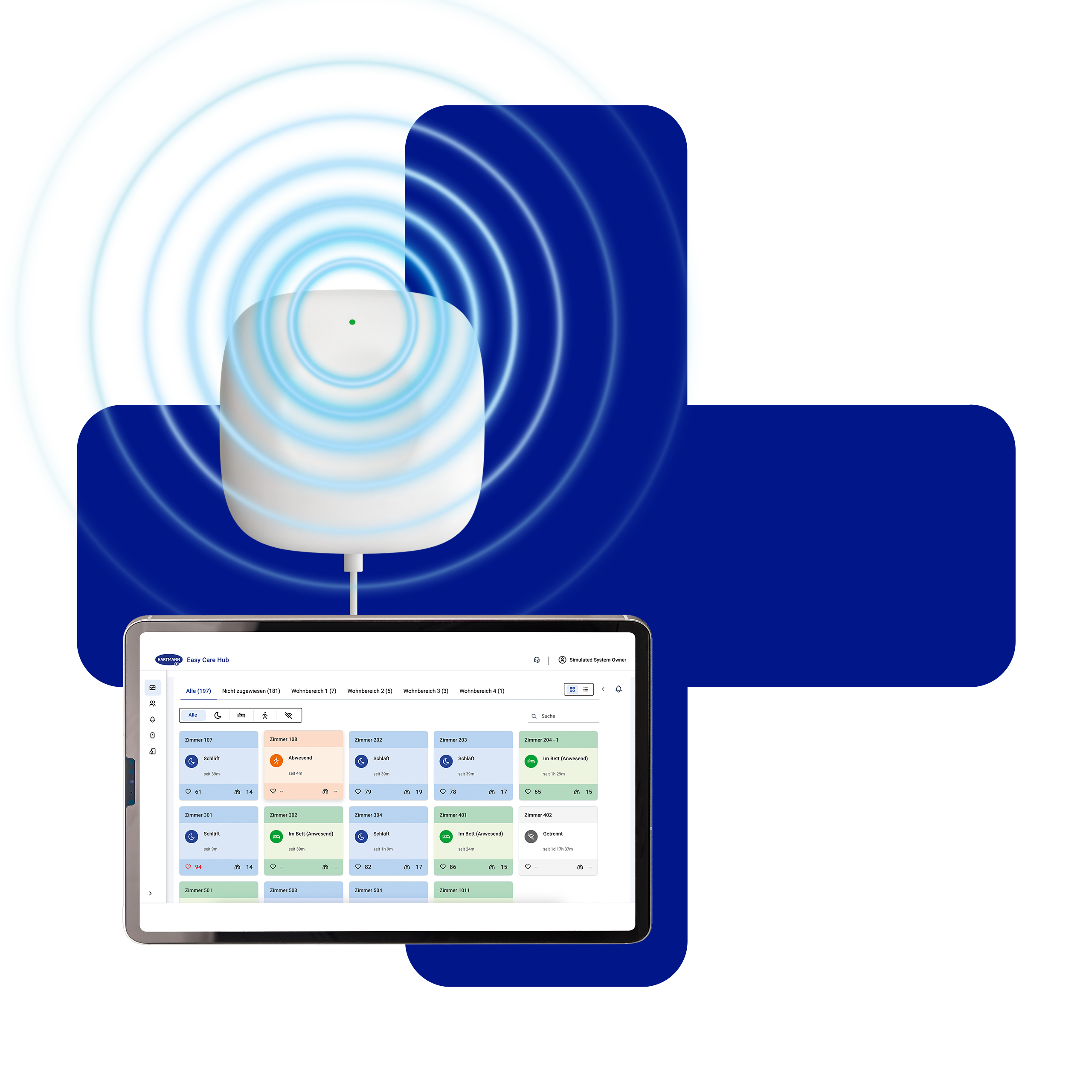 An image showing a plus sign, a sensor and a tablet with the HARTMANN Easy Care Hub open on it.