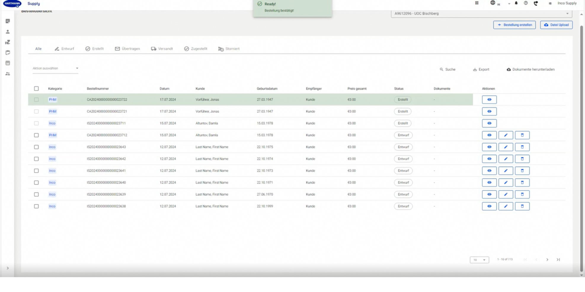 Screenshot vom Interface des HARTMANN Pflegehilfsmittel-Konfigurator, der die Bestätigung einer Bestellung zeigt. 