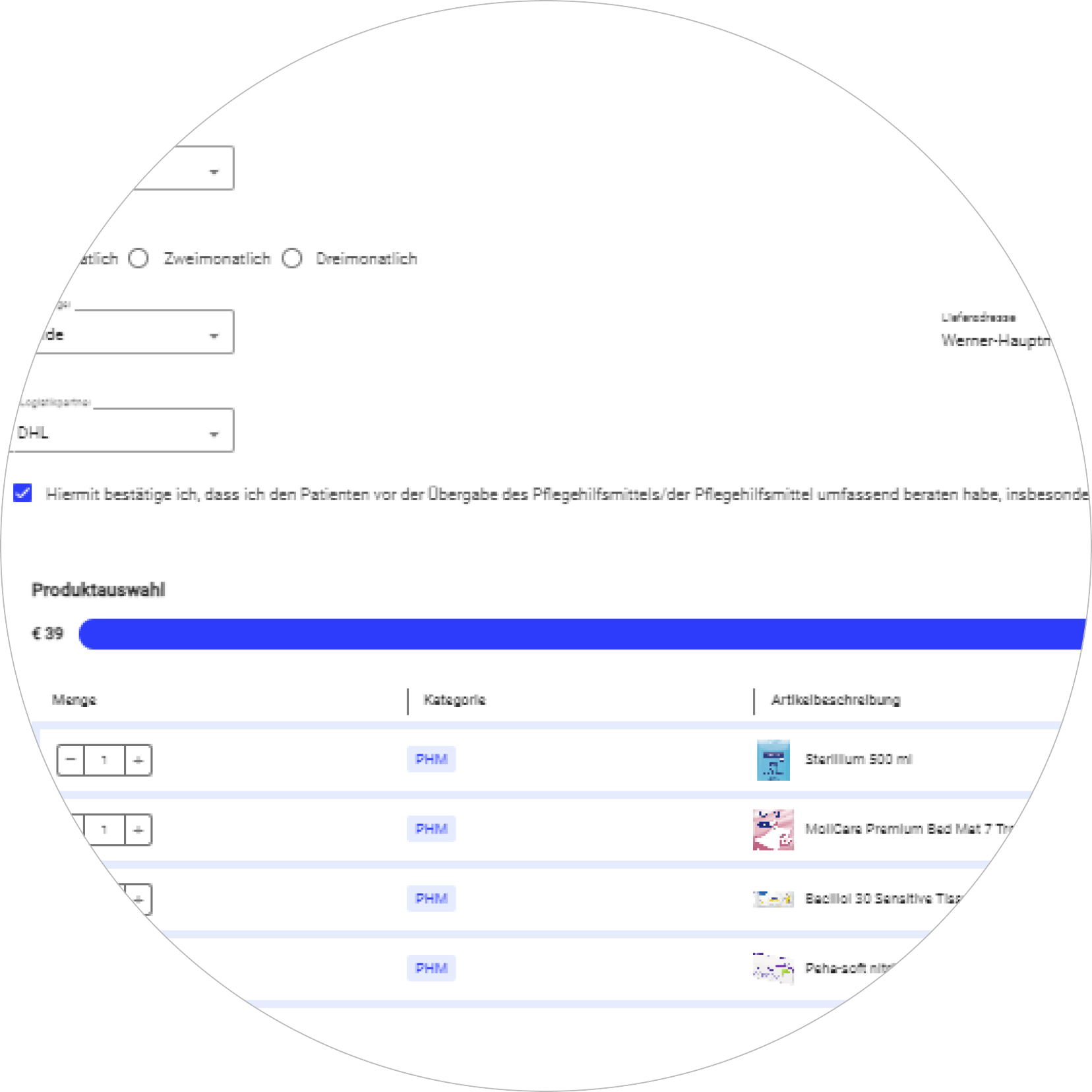 Screenshot vom Interface des HARTMANN Pflegehilfsmittel-Konfigurator. Ein blauer Balken zeigt an, wieviel Budget ausgeschöpft ist.