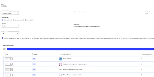 Screenshot vom Interface des HARTMANN Pflegehilfsmittel-Konfigurator. Ein blauer Balken zeigt an, wieviel Budget ausgeschöpft ist.