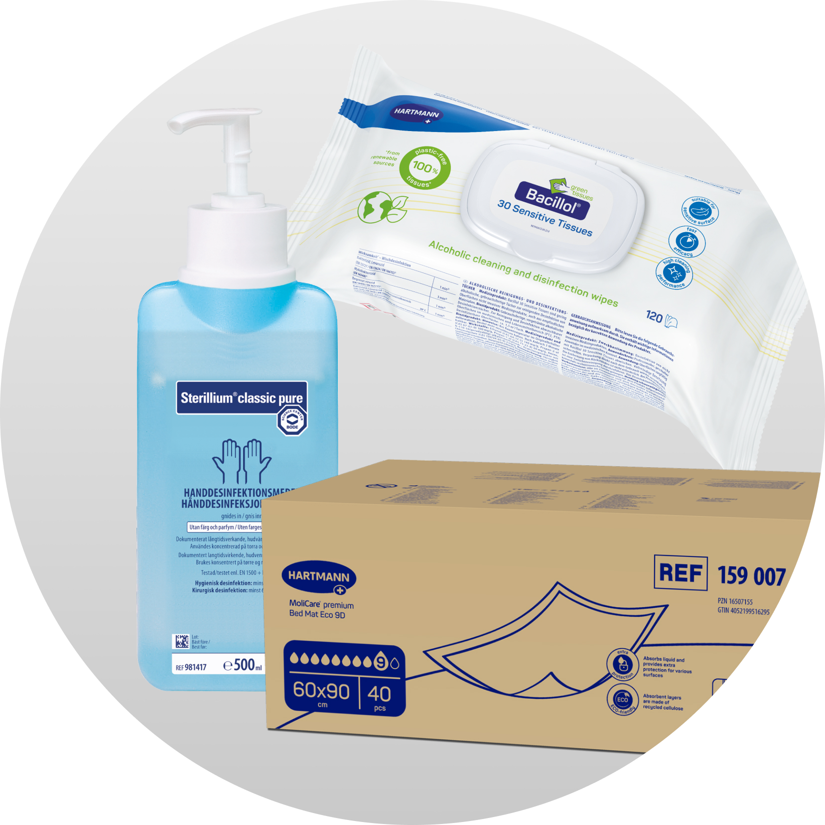 Collage ausgewählter HARTMANN Produkte: Bacillol® 30 Flächendesinfektionstücher,Molicare® Premium Bettschutzeinlagen, Sterilium® classic pure.