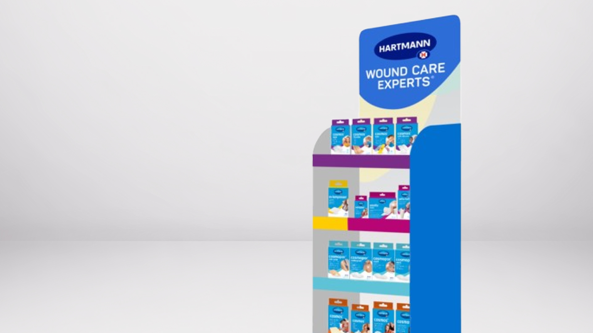 A display stand for the pharmacy that showcases various HARTMANN products for wound care.