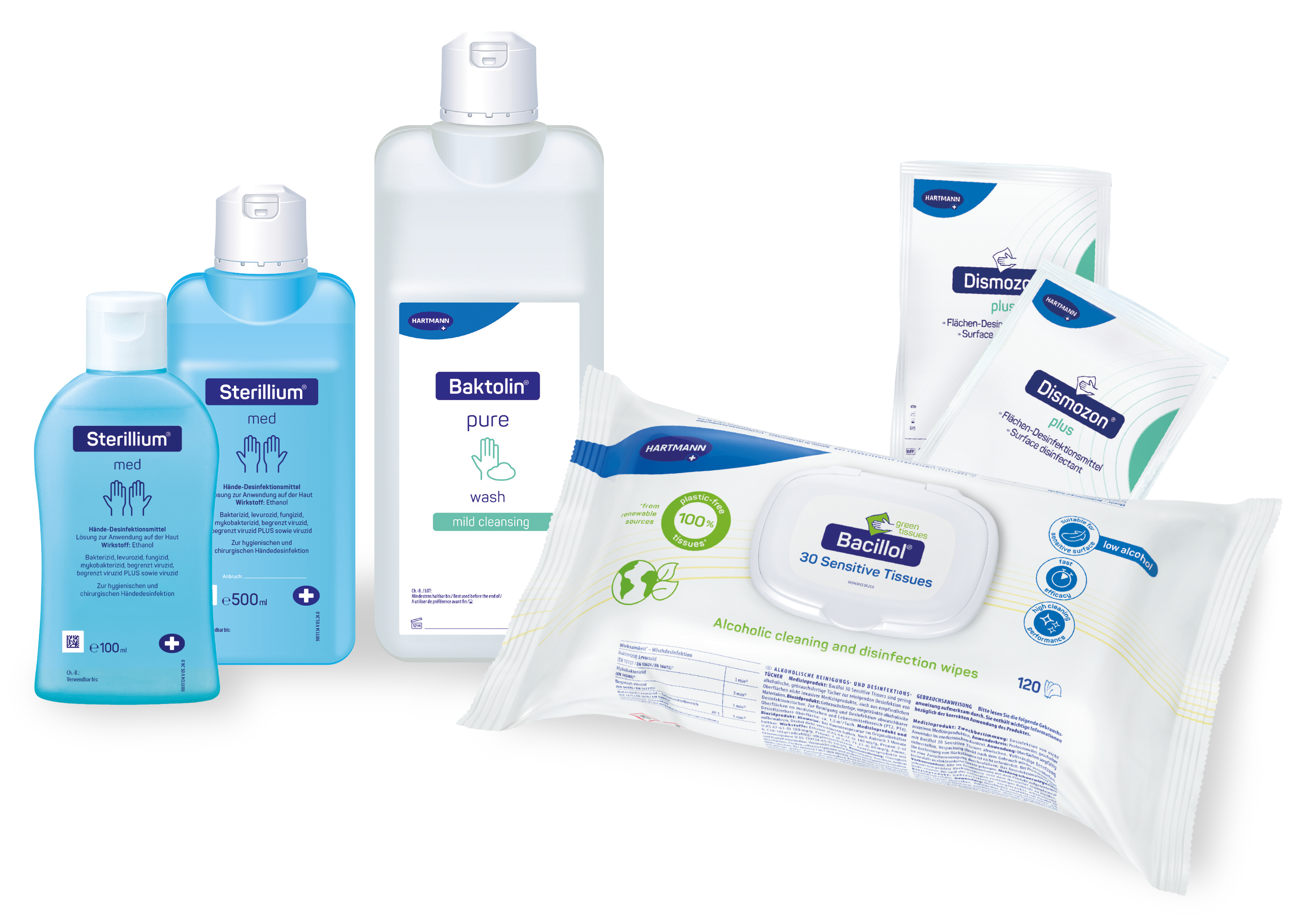 HARTMANN Desinfektions- und Hygieneprodukte auf einem weißen Hintergrund.