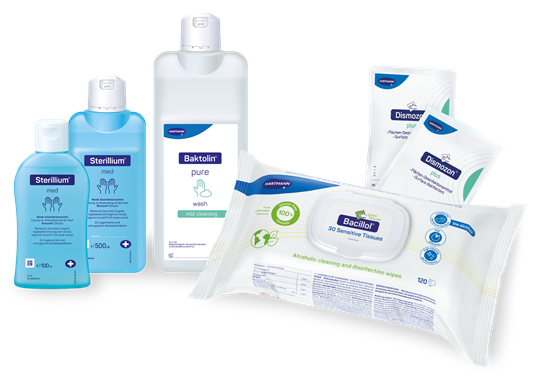 HARTMANN Desinfektions- und Hygieneprodukte auf einem weißen Hintergrund.