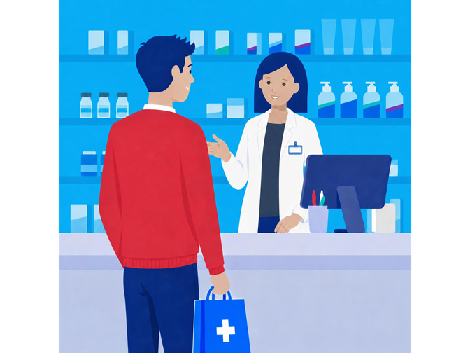 Illustration einer Kundenberatungsszene in einer Apotheke: Ein Kunde in rotem Pullover und einer blauen Tasche mit weißem Kreuz steht an einem Tresen und lässt sich von einer Mitarbeiterin in weißem Kittel beraten.