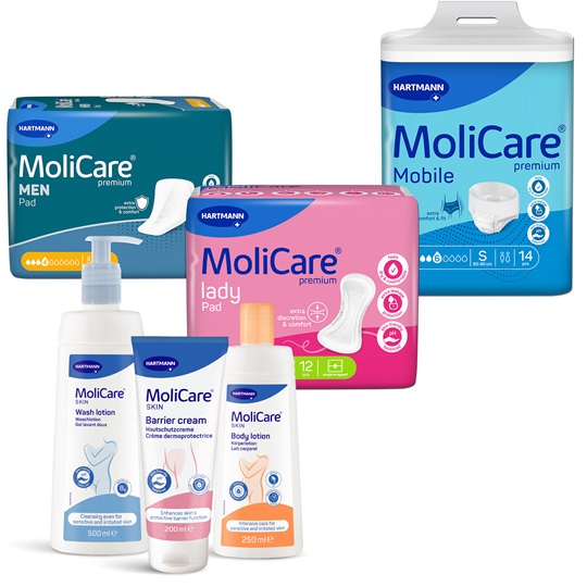 Divers produits MoliCare®, incluant des protections, une lotion et une crème, sur fond blanc.