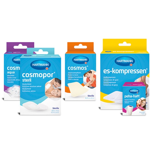 Packs of HARTMANN band-aids and compresses on a white background.