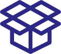 Modern gestaltetes, tiefblaues Icon einer geöffneten Box – Ausdruck innovativer Verpackungslösungen für optimale Lagerung.