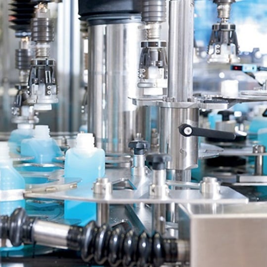 Filling of Sterillium® bottles in a factory.