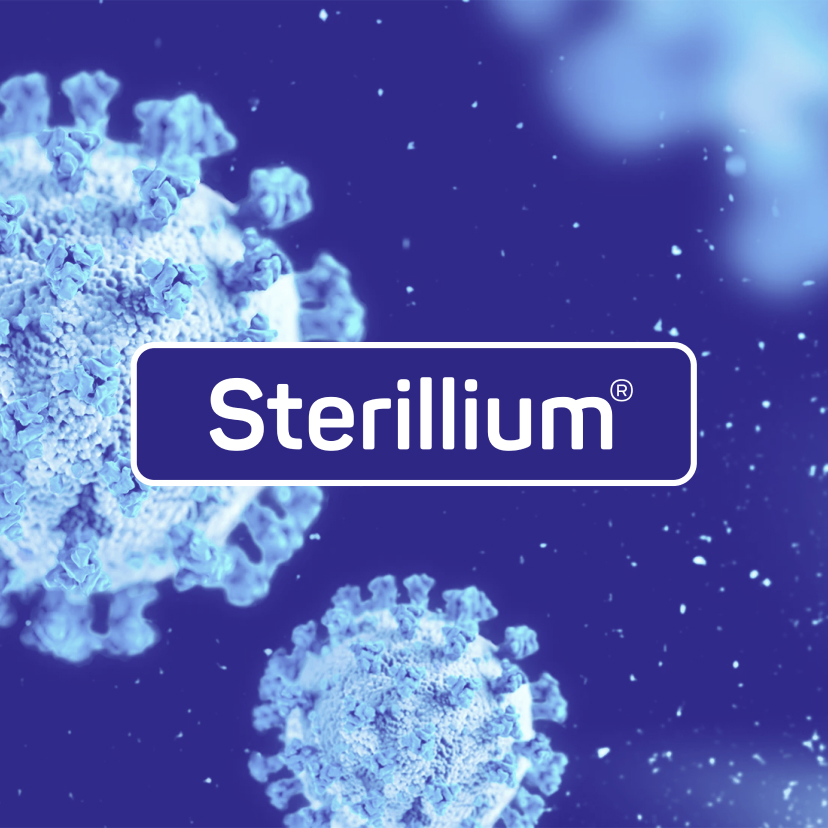 Illustration of white virus bodies and the Sterillium® logo on a dark blue background.