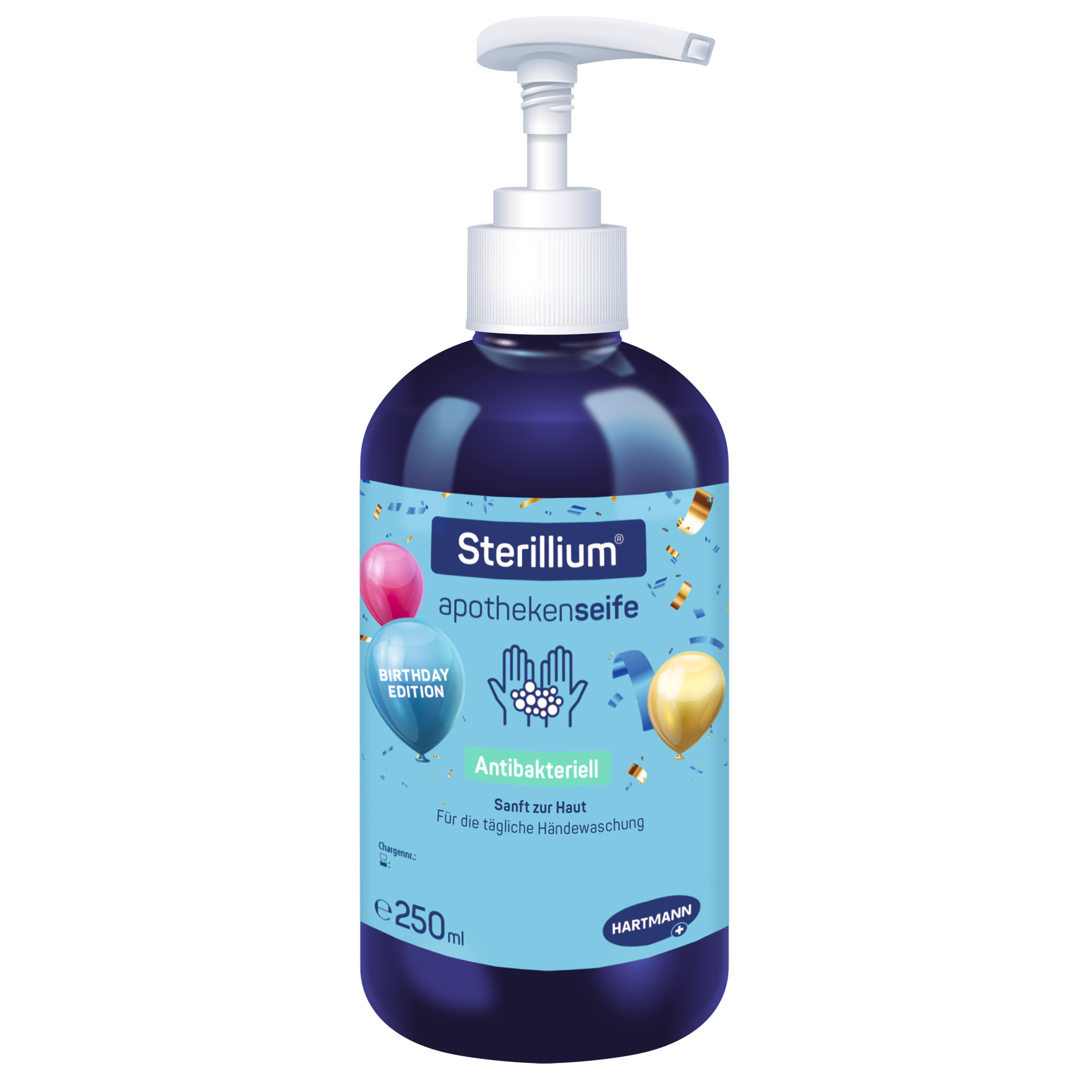  Blue bottle of Sterillium Antibacterial Hand Soap, Birthday Edition, featuring festive balloons and confetti, ideal for gentle daily handwashing.