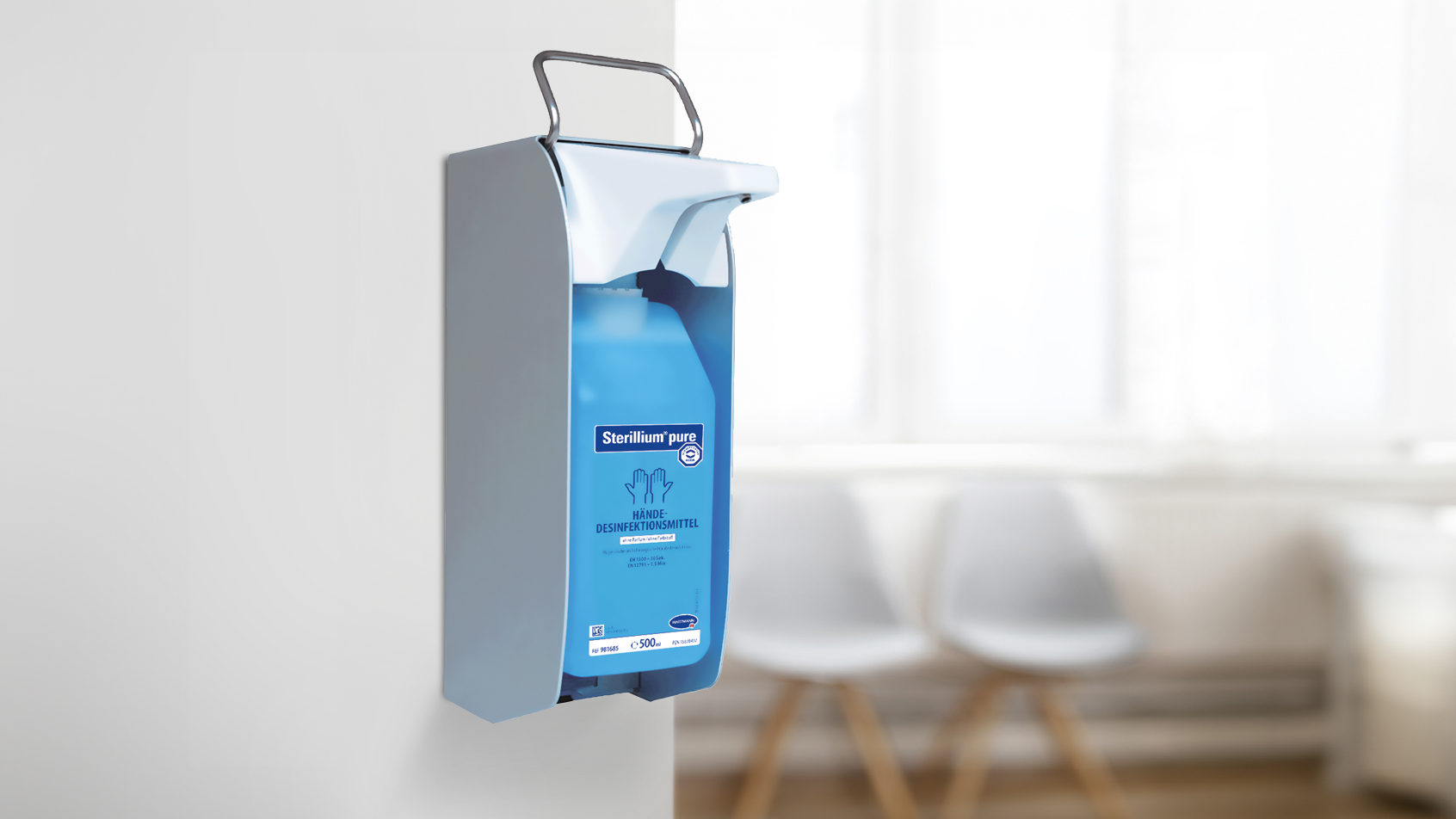 Sterillium® pump mounted on a wall in doctors office.