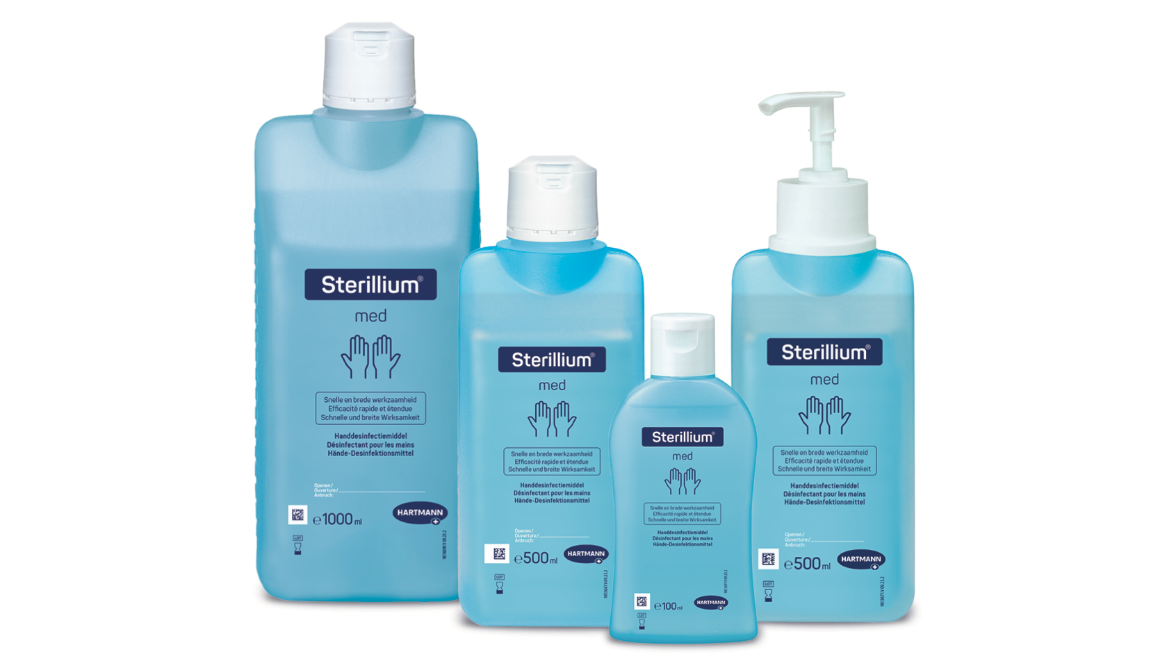Four blue plastic bottles of Sterillium® sanitizer in a row.