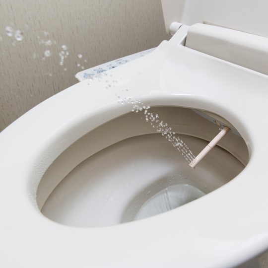 Water sprays from a toilet shower.