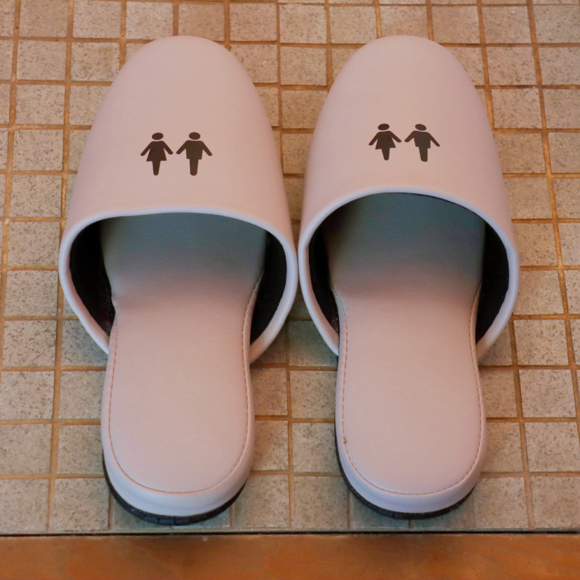 A pair of grey toilet slippers, each with the toilet signs for men and women printed on them.
