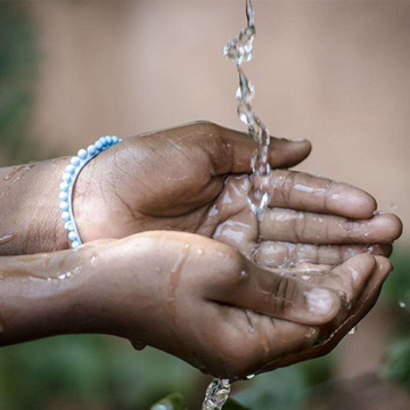 Someone holds their hands under a spray of water and catches it in their palms.