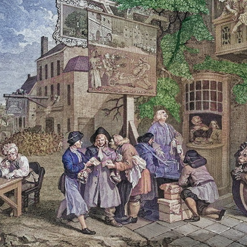 Altes Gemälde mit Menschen, die vor dem Stand eines Händlers Schlange stehen.