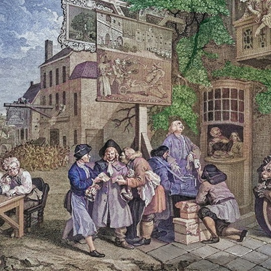 Altes Gemälde mit Menschen, die vor dem Stand eines Händlers Schlange stehen.