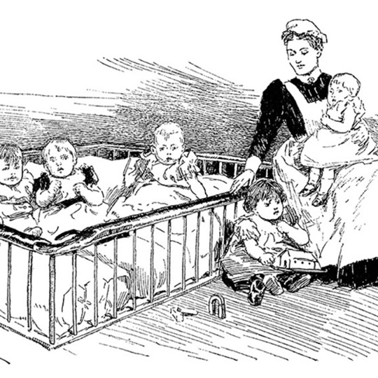 Alte Schwarz-Weiß-Zeichnung einer Kinderfrau, die ein Baby in den Armen hält und drei weitere in einem Bett bewacht.