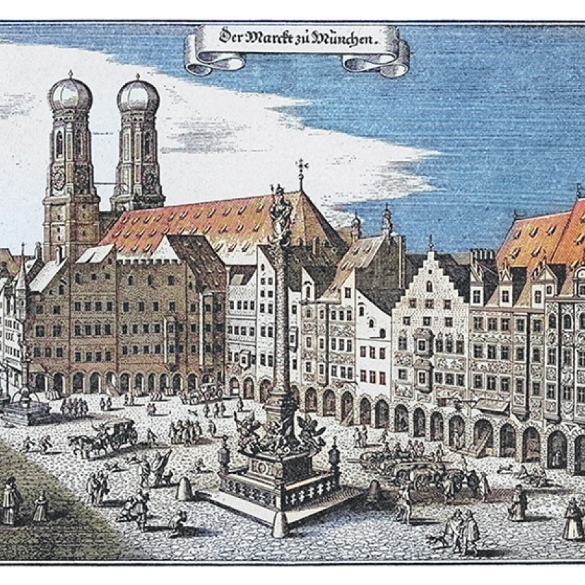 Alte Zeichnung des Münchner Marienplatzes aus dem 19. Jahrhundert.