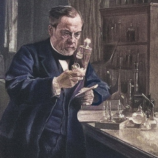 Altes Gemälde von Louis Pasteur, der eine Flasche mit einer klaren Flüssigkeit betrachtet.
