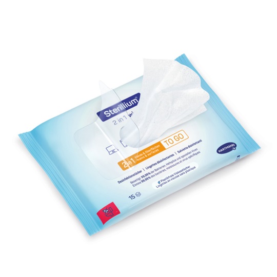 A pack of Sterillium® 2in1 disinfectant wipes.