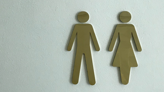 Pictograms of a man and a woman on a white wall.