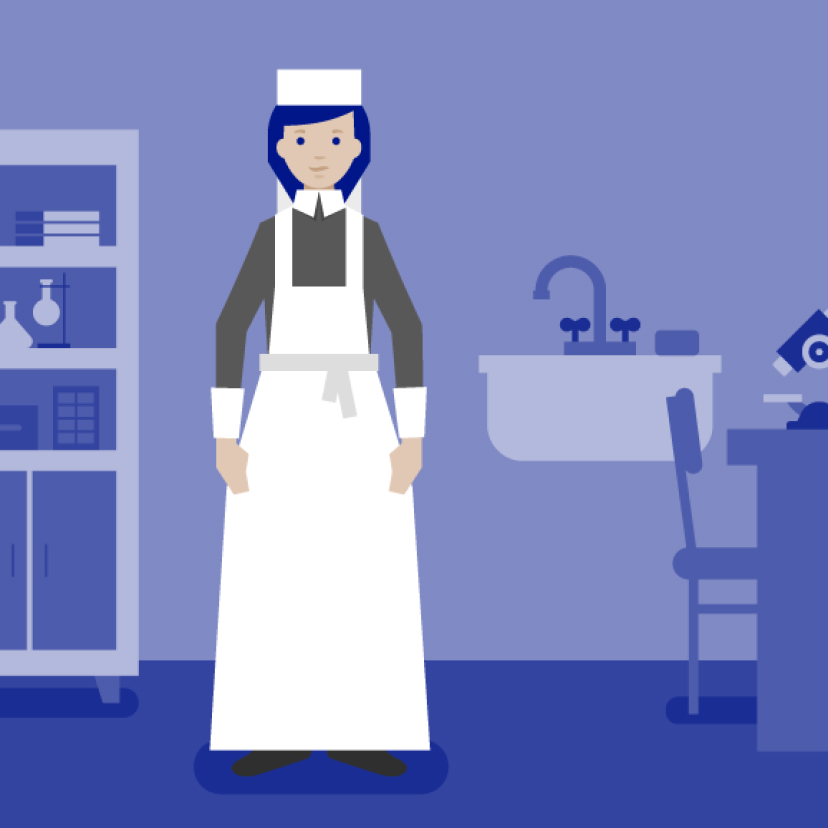 Illustration of a nurse in a hospital room wearing 19th-century attire.