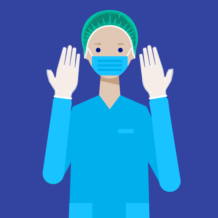 Illustration of a doctor wearing a facemask, blue scrubs, and a green surgical hood, holding up their gloved hands.