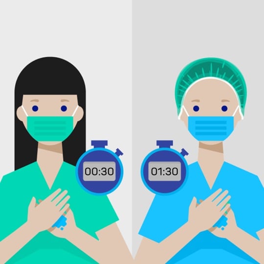 Illustration showing a nurse and a doctor disinfecting their hands for the appropriate amount of time.