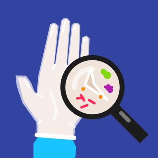Illustration of a magnifying glass showing bacteria on the palm of a hand.