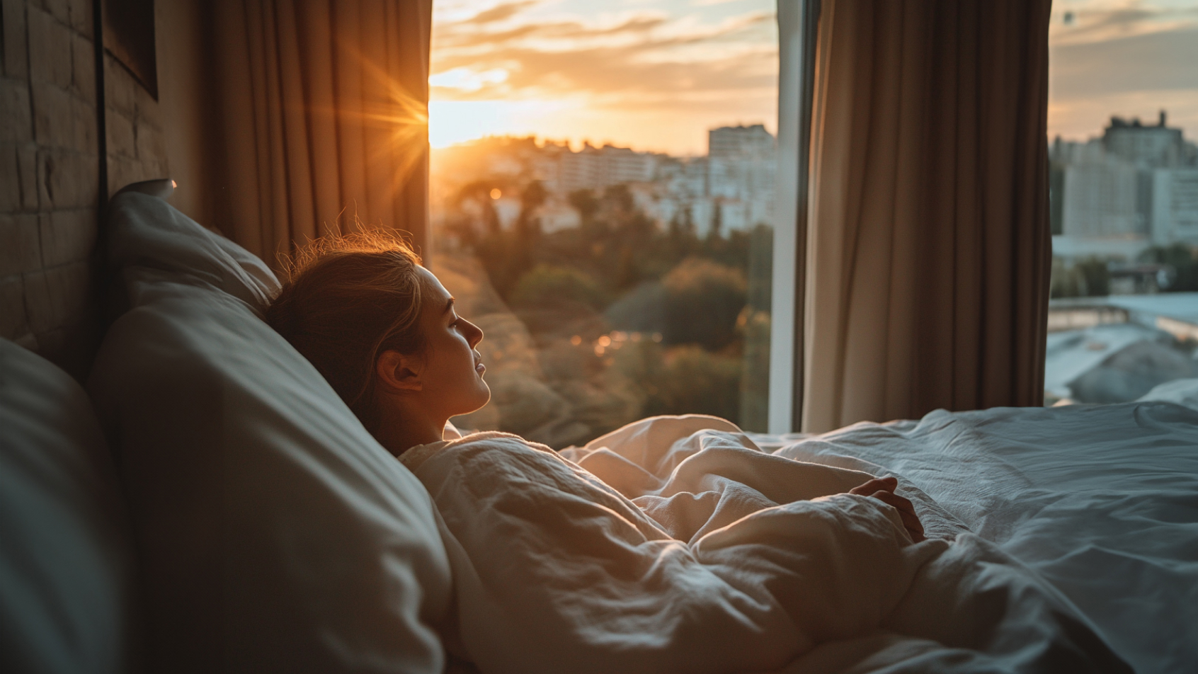 A woman lies in bed before a window with a view of a skyline.