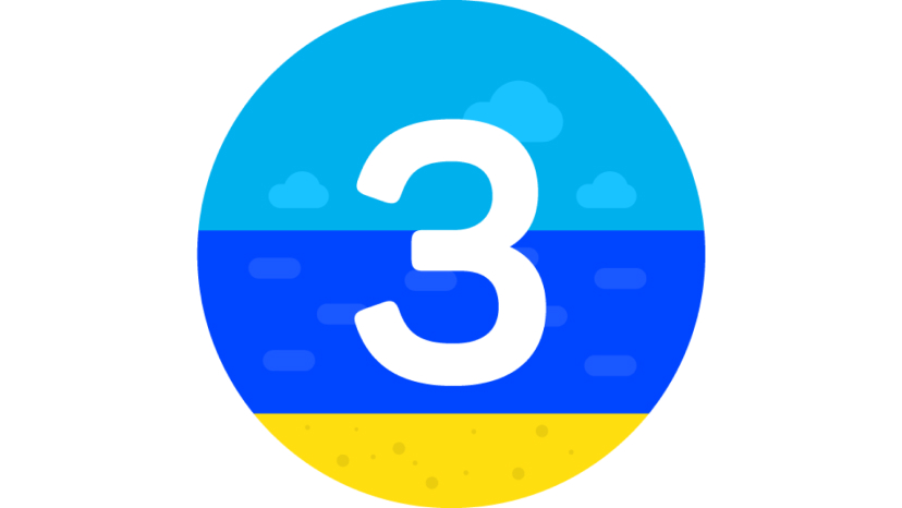 Die Zahl 3 in Weiß auf einem abstrakten Bild eines Strandes.