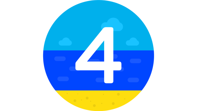 Die Zahl 4 in Weiß auf einem abstrakten Bild eines Strandes.