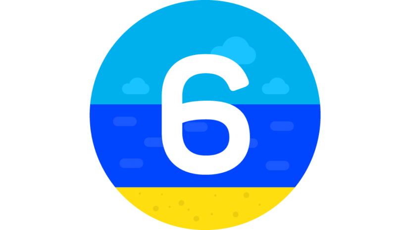 Die Zahl 6 in Weiß auf einem abstrakten Bild eines Strandes.