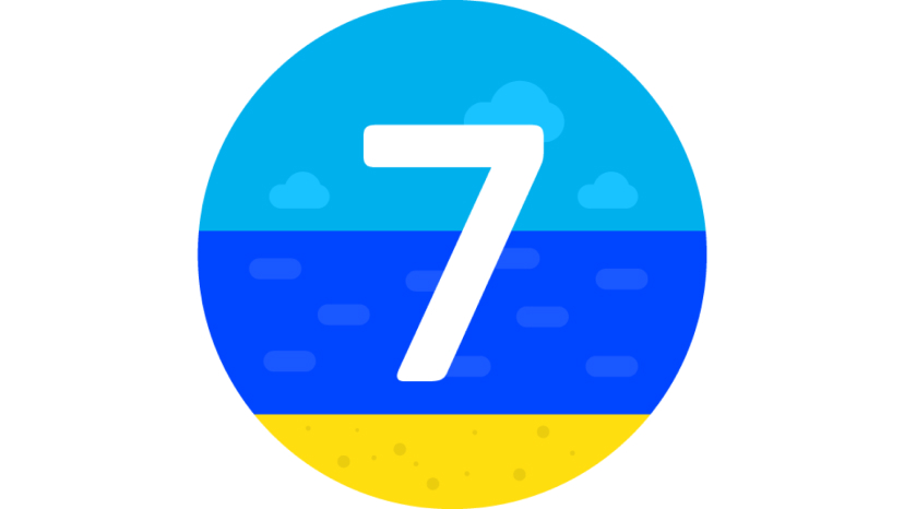 Die Zahl 7 in Weiß auf einem abstrakten Bild eines Strandes.