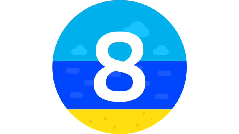 Die Zahl 8 in Weiß auf einem abstrakten Bild eines Strandes.