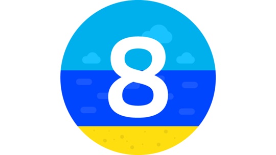 Die Zahl 8 in Weiß auf einem abstrakten Bild eines Strandes.