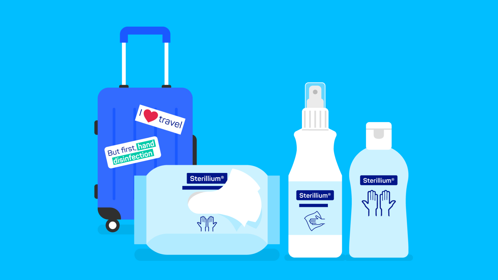 Bild von Desinfektionsmittelflaschen und -tüchern sowie eines Koffers auf blauem Hintergrund.