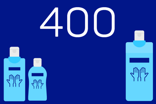 Die Zahl 400 in Weiß auf einem dunkelblauen Hintergrund mit einer Illustration von drei leuchtend blauen Sterillium® Flaschen darunter.