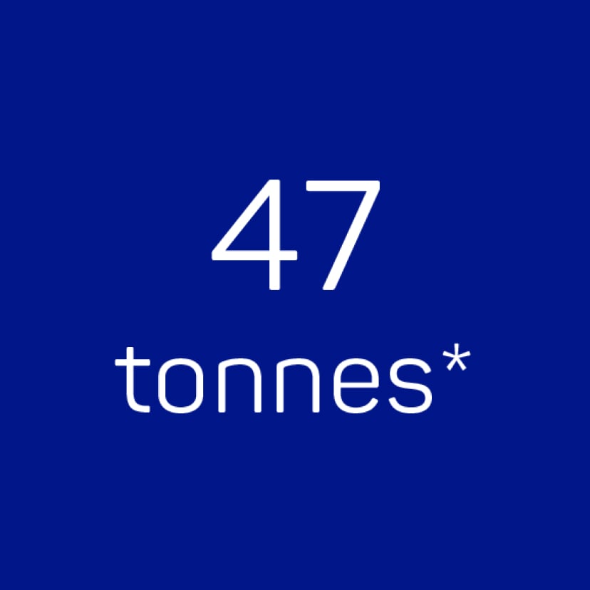 “47 tonnes” written in white on a dark blue background.