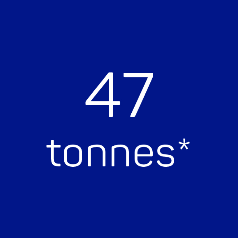 „47 Tonnen“ in Weiß auf einem dunkelblauen Hintergrund geschrieben.